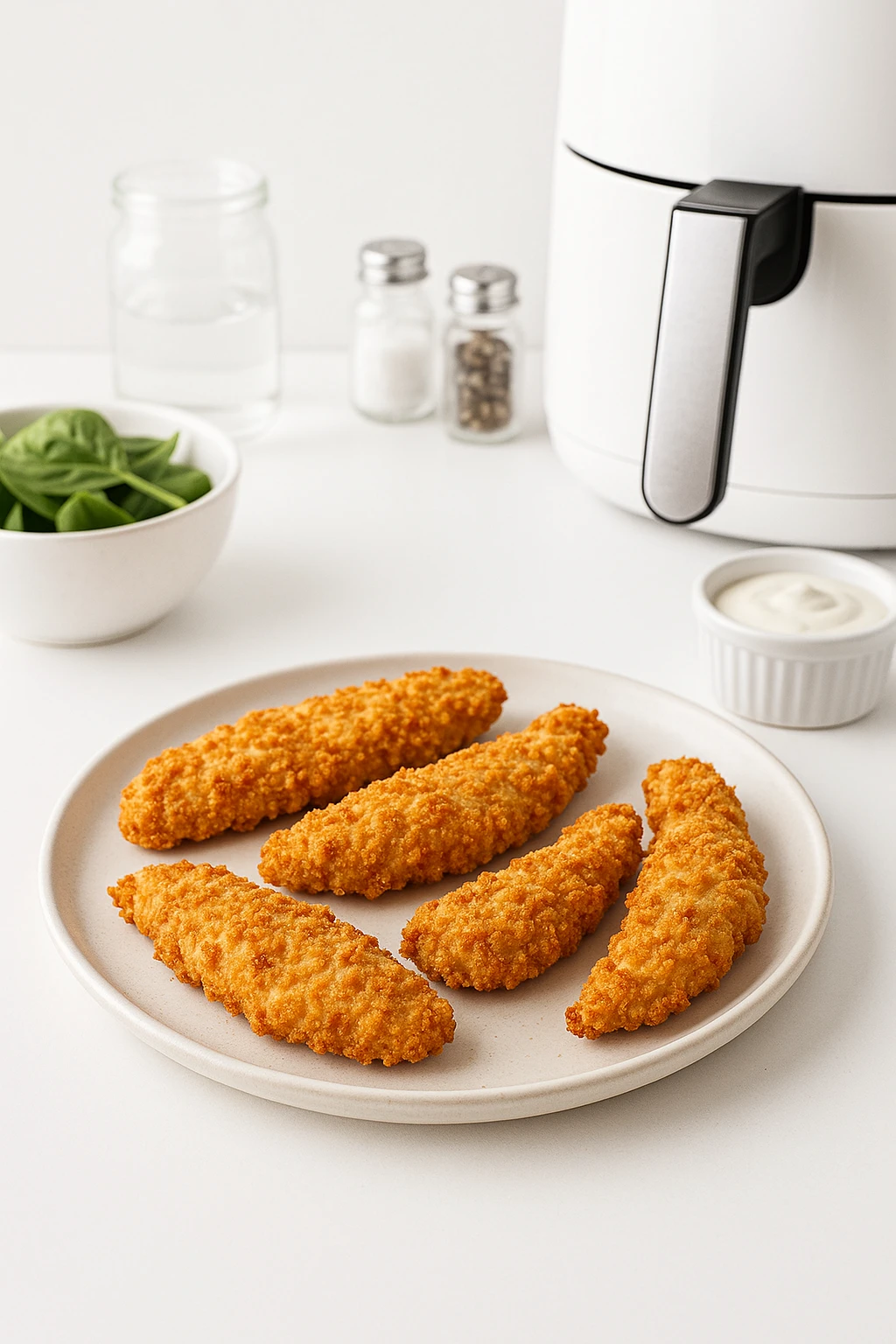 Air-fried gluten-free chicken tenders in minimalist wellness kitchen — bright white expanse, clean healthy aesthetic.