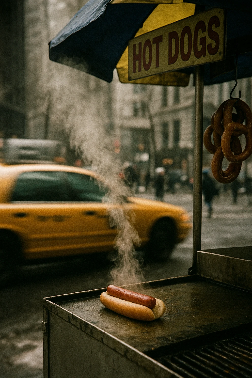 New-York street cart hot dog steaming in winter air, yellow taxi blur — gritty handheld documentary.