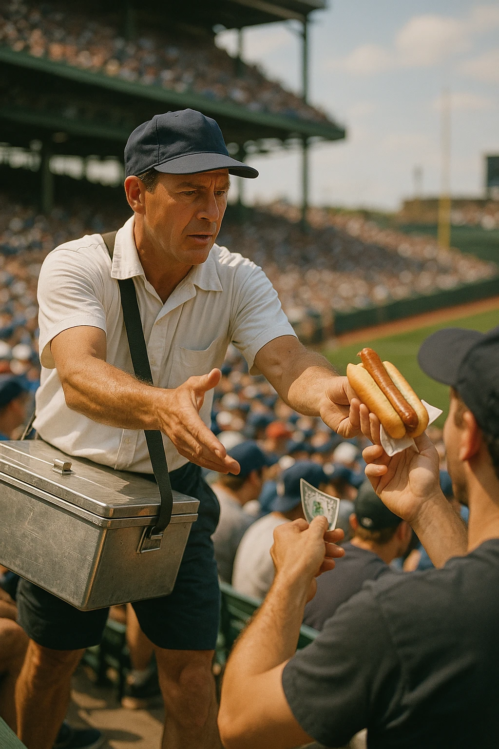 Classic ballpark hot dog vendor mid-pass to fan in bleachers — candid sports energy.