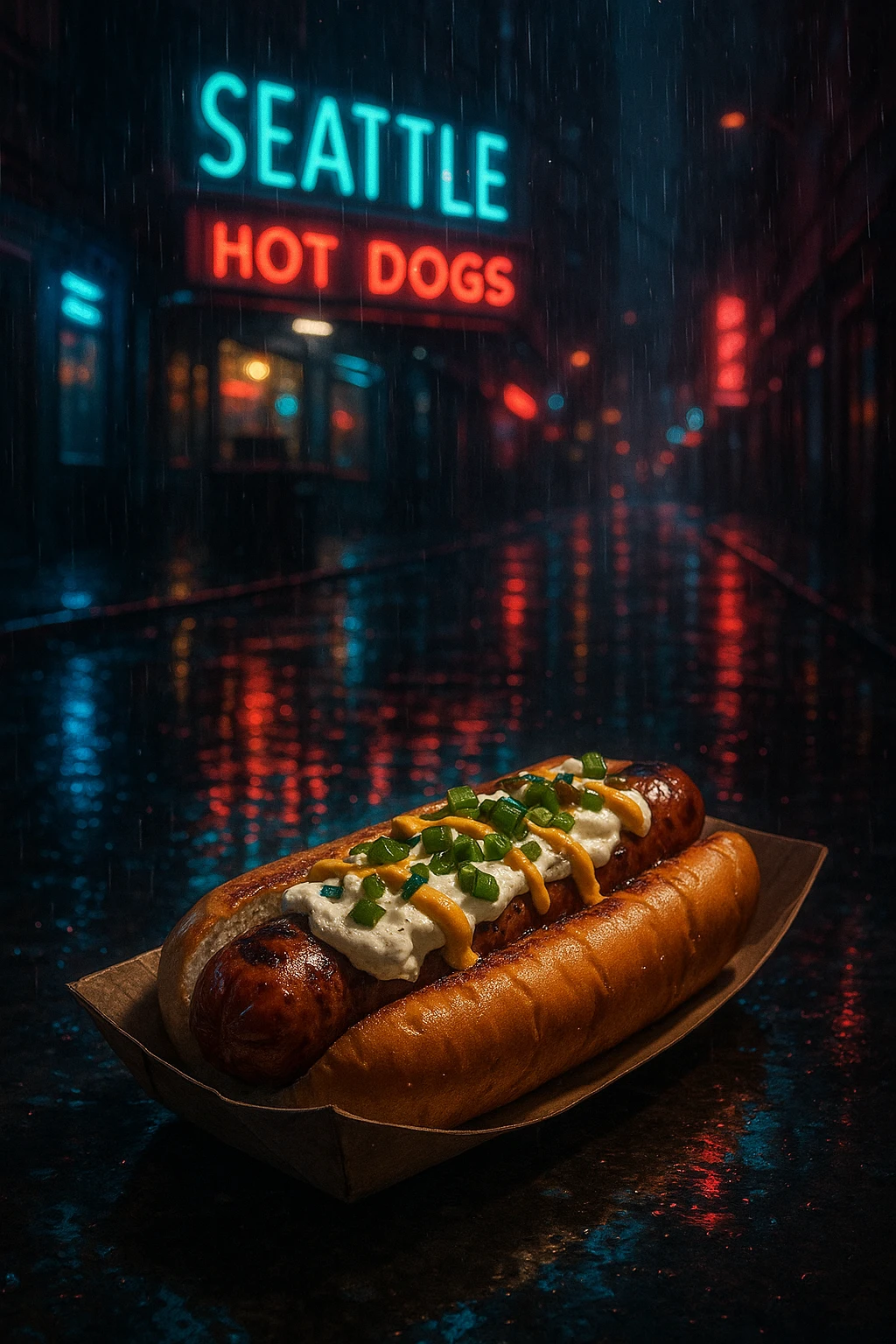 Seattle cream-cheese dog under drizzle, rainy neon street reflections — moody cyberpunk vibe.