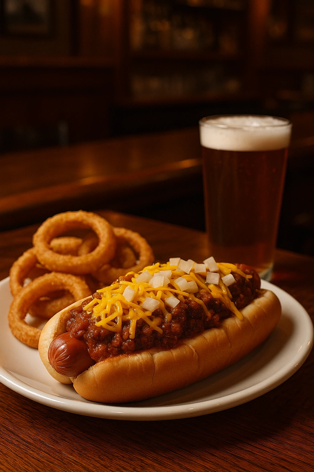A chili cheese dog served at a cozy neighborhood pub. The hotdog is smothered in hearty chili, melted shredded cheese, and diced onions, all inside a soft bun. Served with a side of crispy onion rings and a cold beer. The pub’s wooden bar and dim lighting create a warm atmosphere.