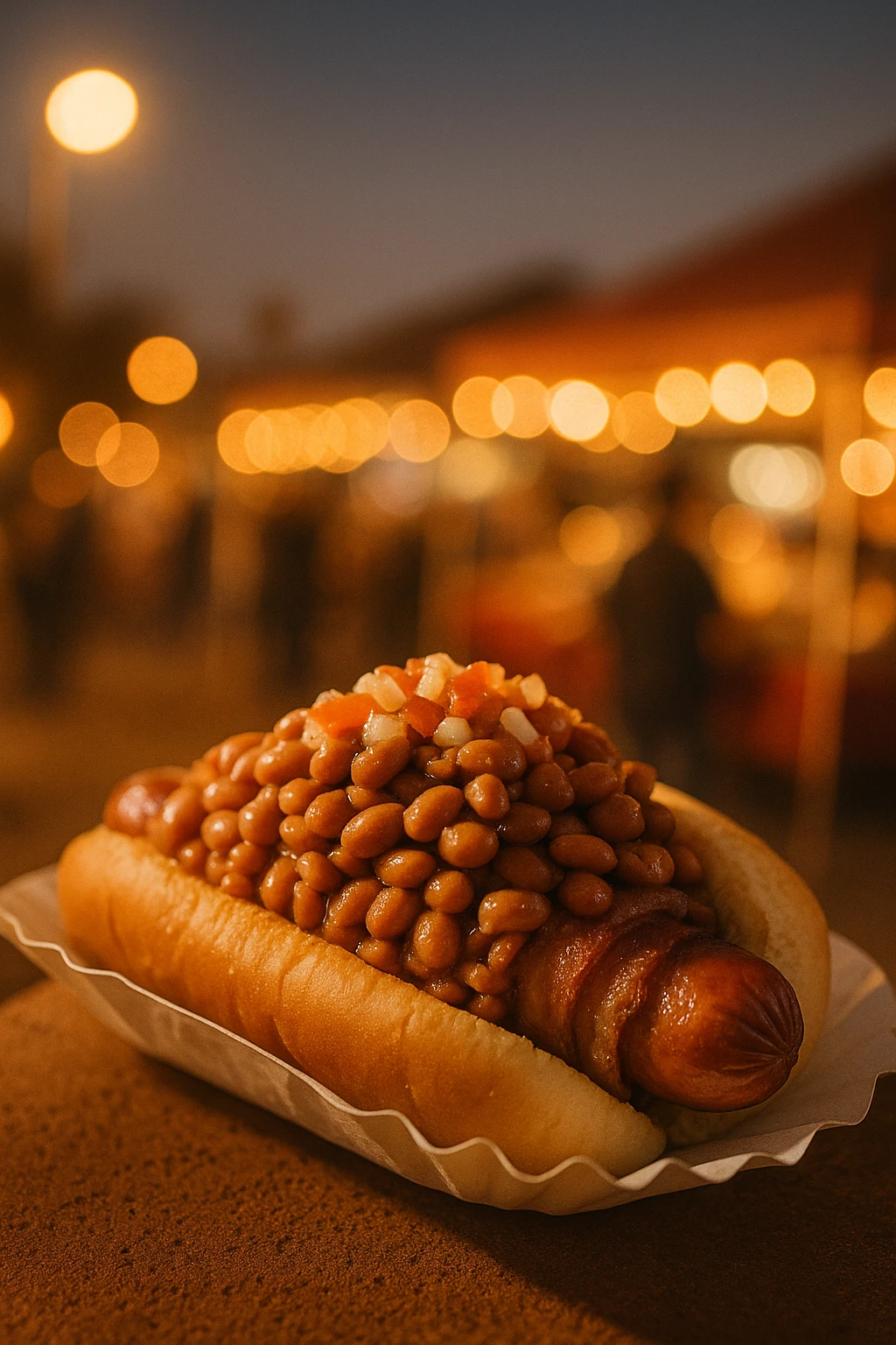 Sonoran bacon-wrapped hot dog piled with beans in Tucson night market — warm desert glow.