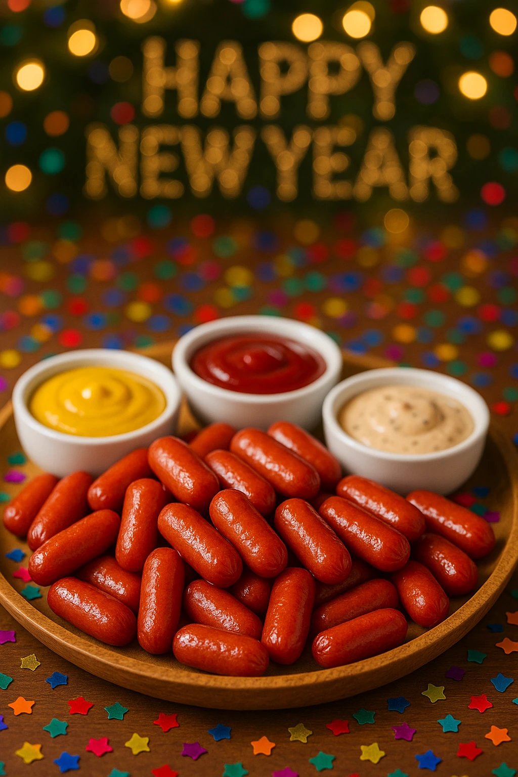 Mini cocktail wiener platter with diverse dipping sauces at New Year party — festive confetti blur.
