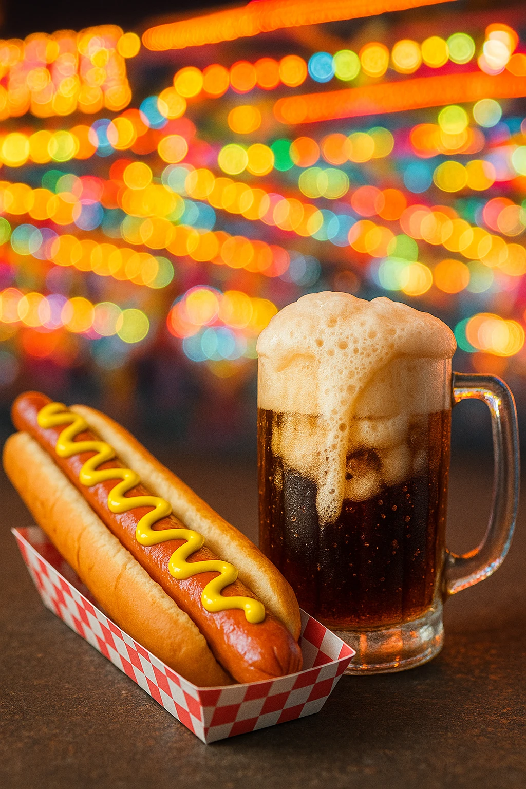Two-foot fairground foot-long dog, foaming root-beer float foreground — carnival lights streaking.