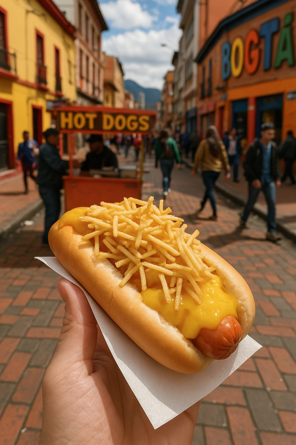 Colombian perro caliente with pineapple sauce and potato sticks — vibrant Bogotá street energy.
