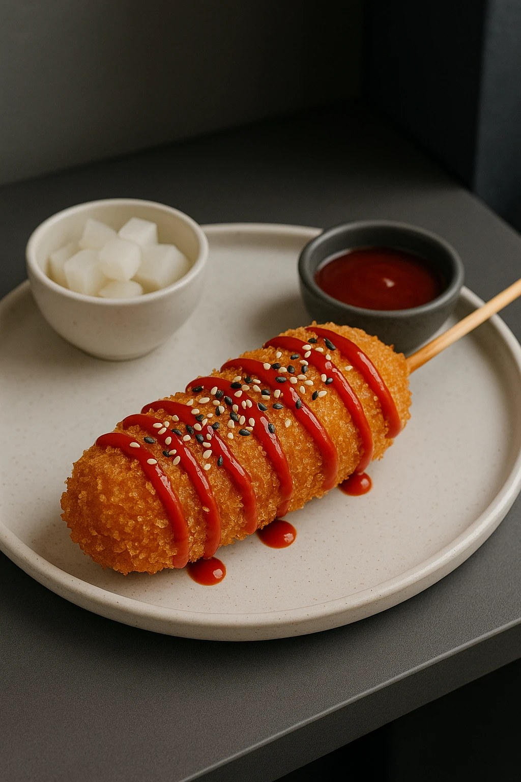 A Korean-inspired hotdog served at a modern fusion restaurant. The hotdog is wrapped in a crispy panko batter, drizzled with spicy gochujang sauce, sprinkled with sesame seeds, and served with pickled radish. The plate is minimalist with a small bowl of dipping sauce, set against a sleek, contemporary background.