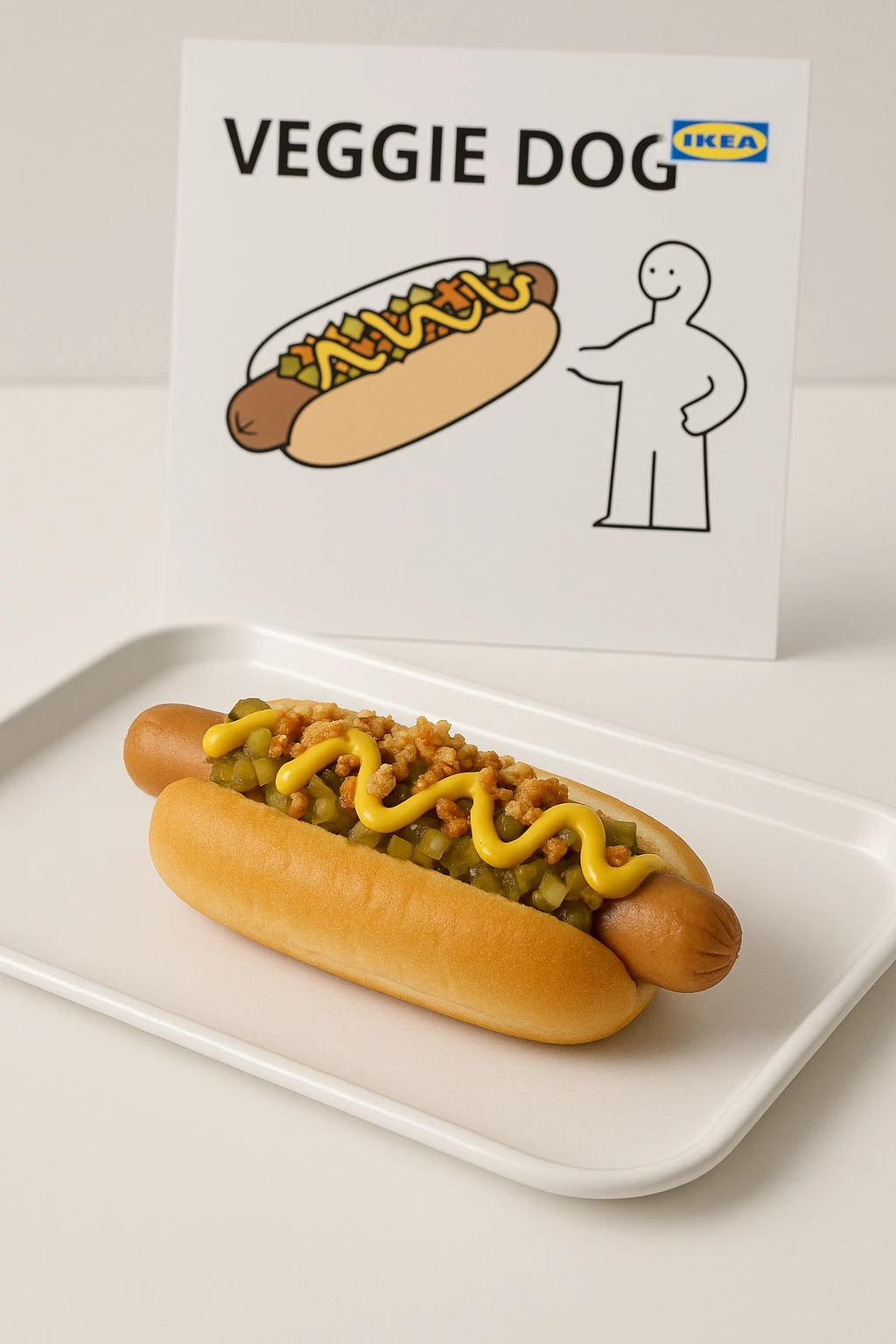 IKEA veggie dog on minimalist tray, assembly manual blur behind — tongue-in-cheek humor.