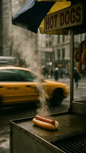 New-York street cart hot dog steaming in winter air, yellow taxi blur — gritty handheld documentary.