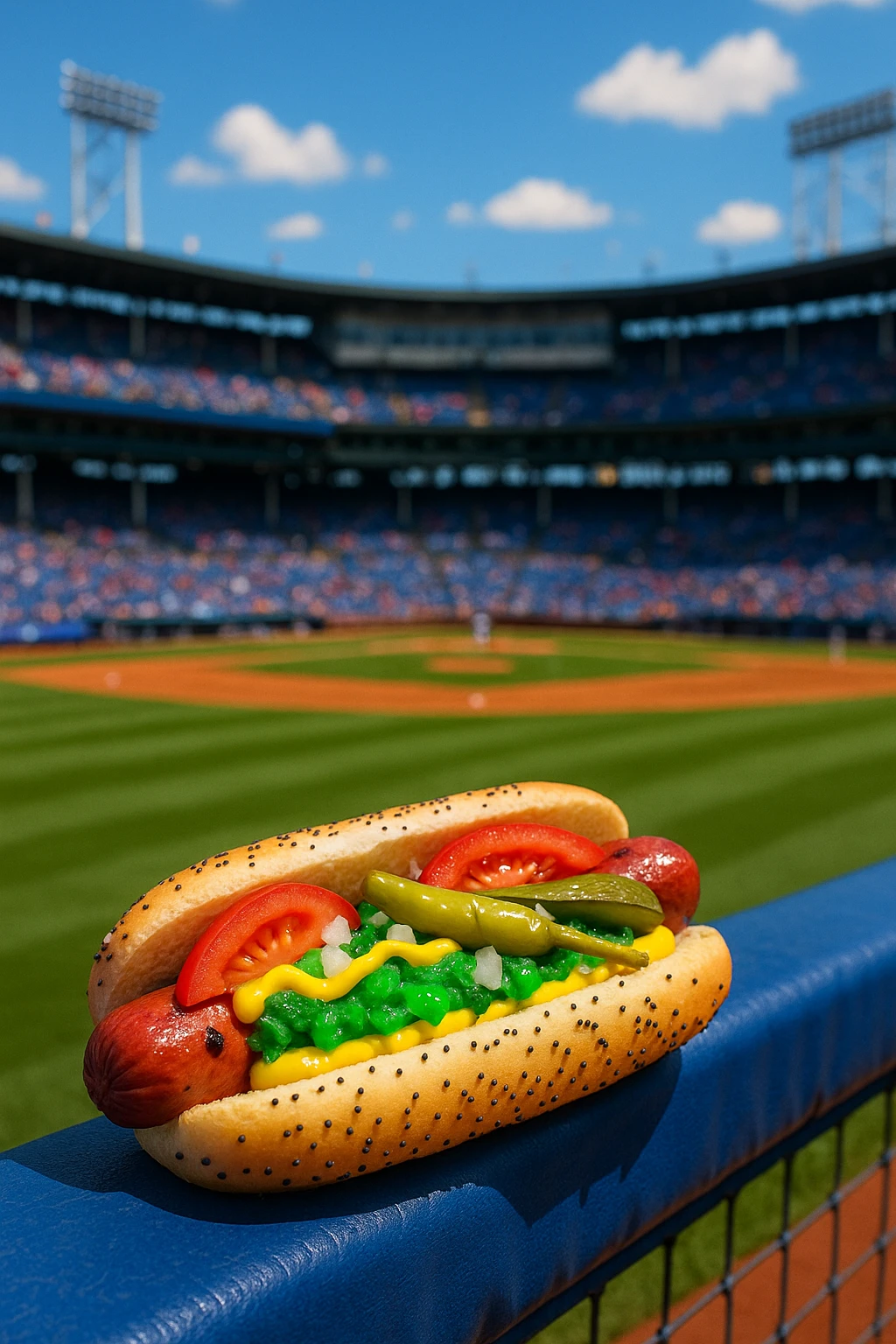 Chicago dog with neon relish and poppy-seed bun on baseball dugout railing — vibrant daytime stadium vibe.