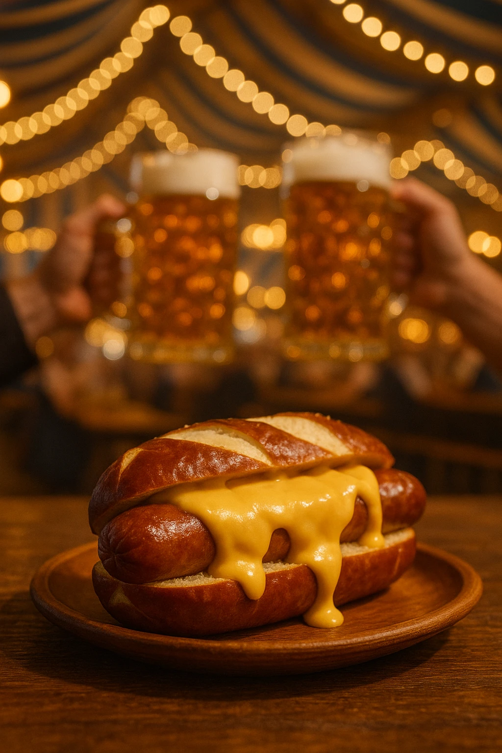 Pretzel-bun beer-cheese dog in Oktoberfest tent, stein clink blur — warm Bavarian lighting.