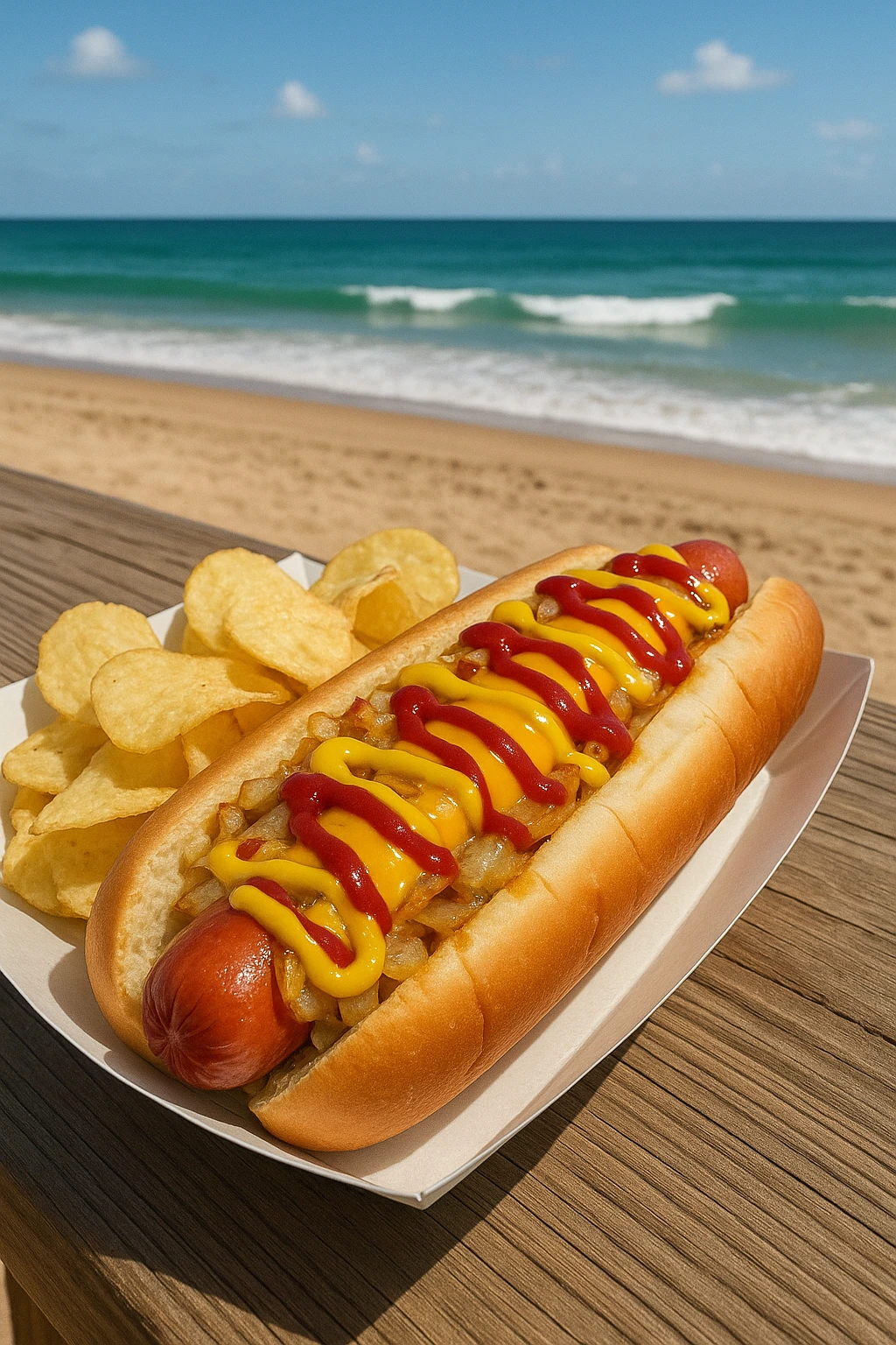 A classic footlong hotdog from a beachside boardwalk stand. The hotdog is topped with grilled onions, melted American cheese, and a zigzag of ketchup and mustard. Served with a side of salt-and-vinegar kettle chips. The background features sandy beach and blue ocean waves under a sunny sky.