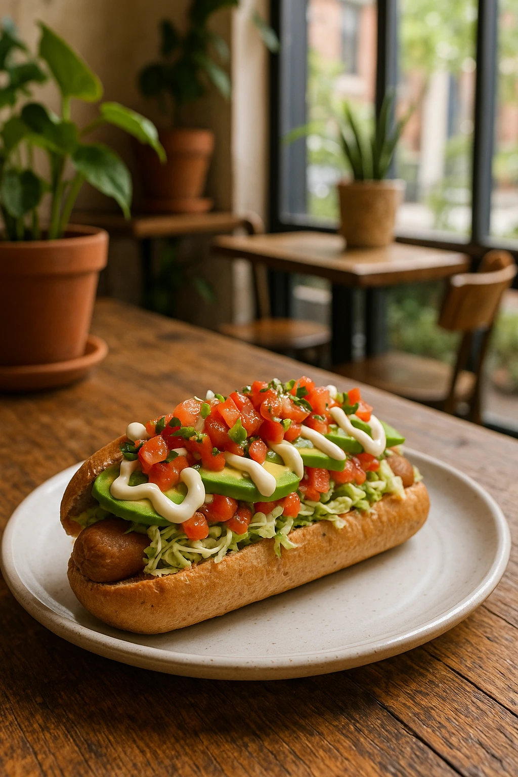 A vegan hotdog served at a hip urban café. The plant-based sausage is in a whole wheat bun, topped with avocado slices, fresh tomato salsa, shredded lettuce, and vegan mayo. The setting includes a rustic wooden table, potted plants, and bright natural light streaming through large windows.