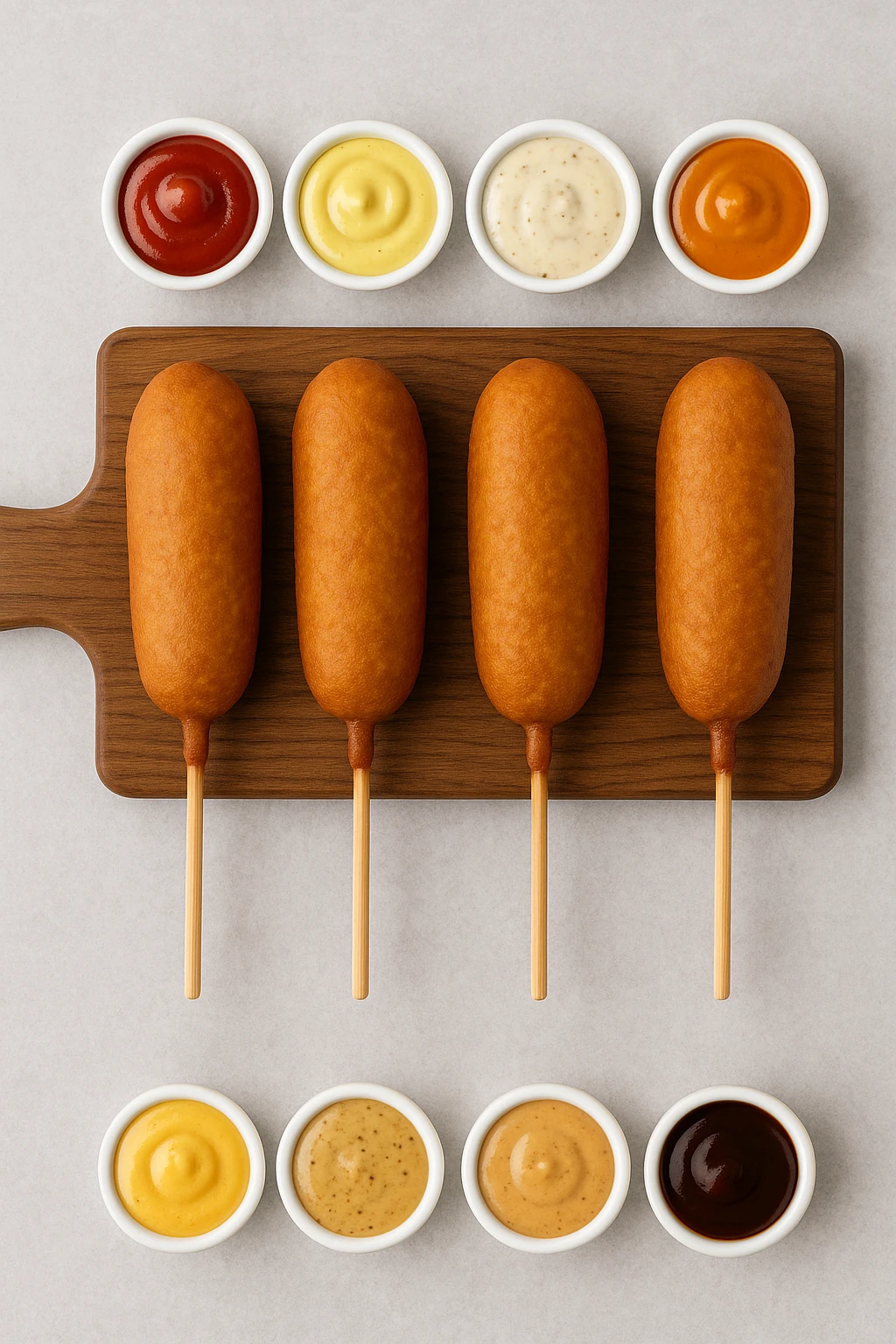 Corn dog flight in tasting board, six sauces overhead — top-down product capture.