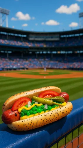 Chicago dog with neon relish and poppy-seed bun on baseball dugout railing — vibrant daytime stadium vibe.