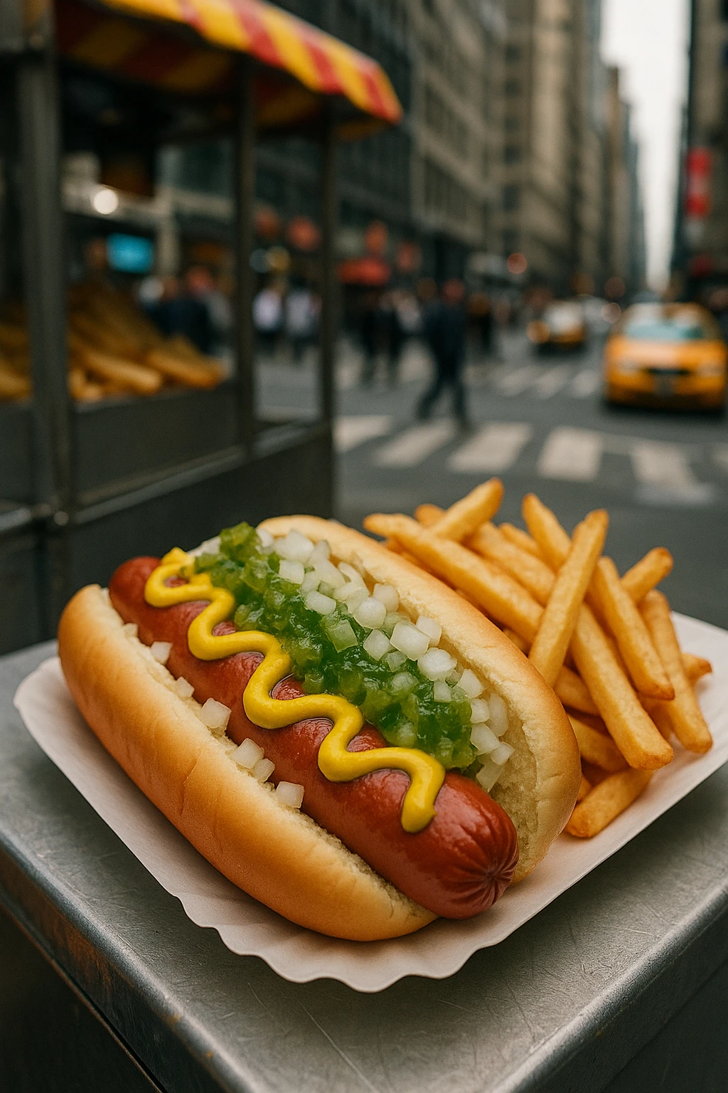 A classic American hotdog served at a bustling New York-style street cart. The hotdog is nestled in a soft bun, topped with yellow mustard, bright green relish, chopped onions, and a side of crispy fries. The background shows a busy city street with blurred pedestrians and taxi cabs.
