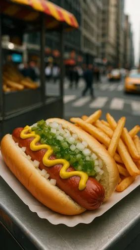 A classic American hotdog served at a bustling New York-style street cart. The hotdog is nestled in a soft bun, topped with yellow mustard, bright green relish, chopped onions, and a side of crispy fries. The background shows a busy city street with blurred pedestrians and taxi cabs.