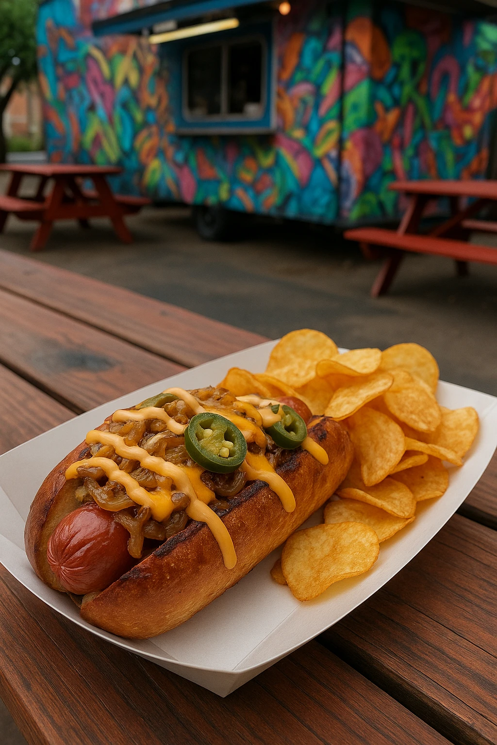 A gourmet hotdog at a trendy food truck, topped with caramelized onions, spicy jalapeños, melted cheddar cheese, and a drizzle of chipotle mayo. Served in a toasted artisan bun with a side of kettle-cooked chips. The setting includes colorful graffiti walls and outdoor picnic tables.