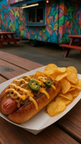 A gourmet hotdog at a trendy food truck, topped with caramelized onions, spicy jalapeños, melted cheddar cheese, and a drizzle of chipotle mayo. Served in a toasted artisan bun with a side of kettle-cooked chips. The setting includes colorful graffiti walls and outdoor picnic tables.