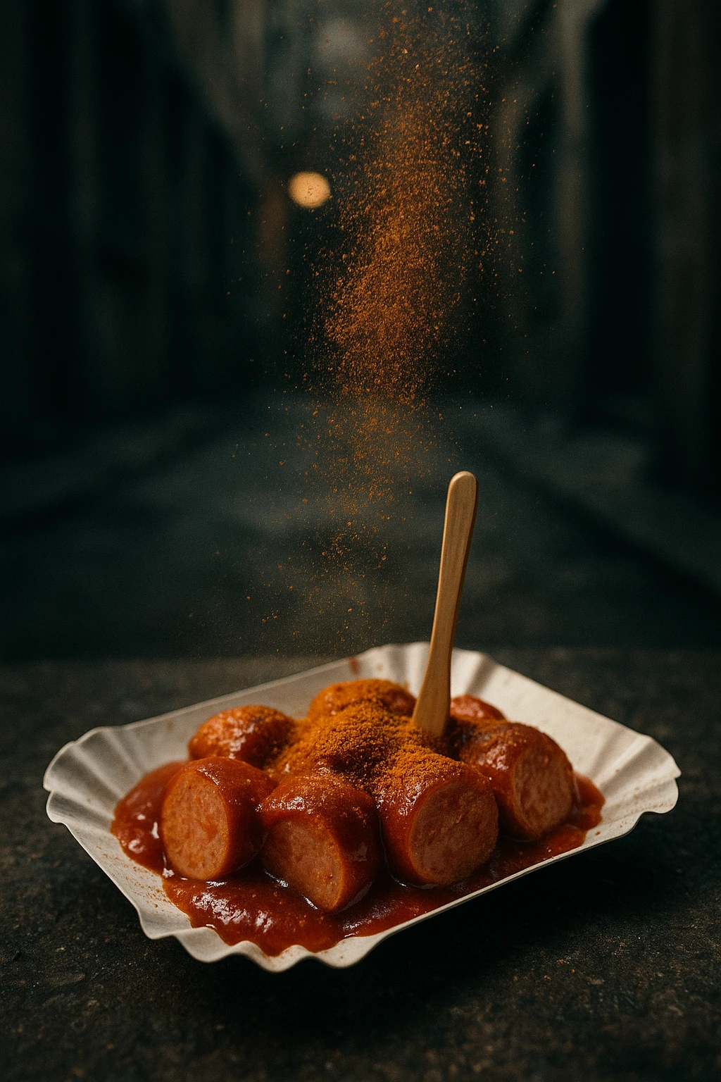 Berlin currywurst on paper tray, spice dust cloud mid-shake — gritty urban alley light.