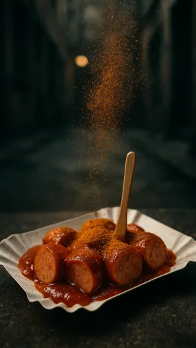 Berlin currywurst on paper tray, spice dust cloud mid-shake — gritty urban alley light.
