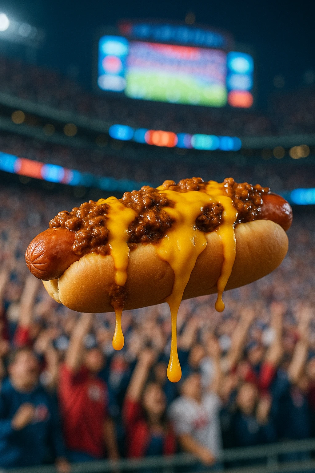Chili-cheese dog dripping, stadium crowd cheering blur — LED scoreboard glow, action freeze.