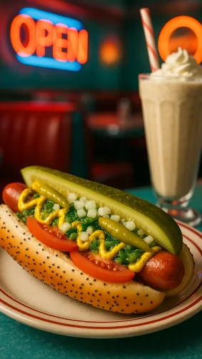 A Chicago-style hotdog served at a classic diner. The all-beef frankfurter is in a poppy seed bun, topped with yellow mustard, bright green relish, chopped onions, tomato slices, a dill pickle spear, sport peppers, and celery salt. Served on a retro diner plate with a milkshake and neon signs in the background.