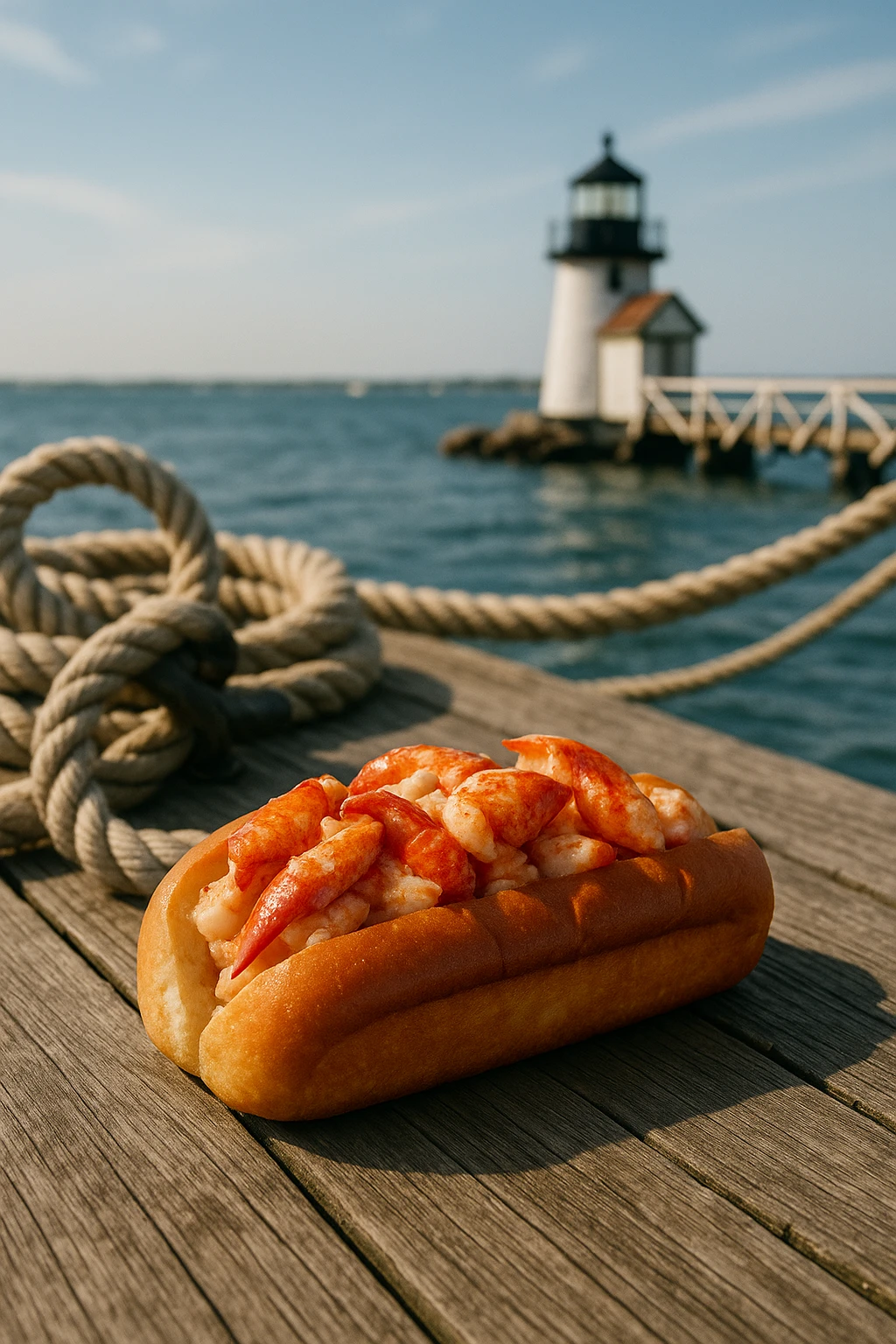 Butter-poached lobster roll hot dog bun on Nantucket pier — nautical ropes, soft sea breeze.