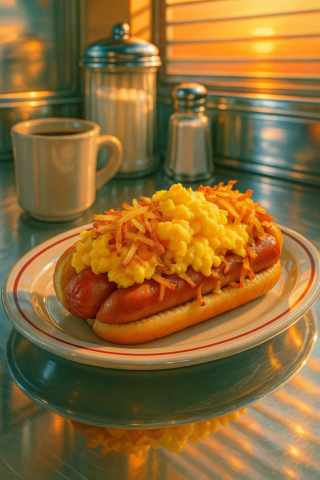 Breakfast scramble hot dog with fluffy eggs and hash browns, diner sunrise — retro chrome reflections.
