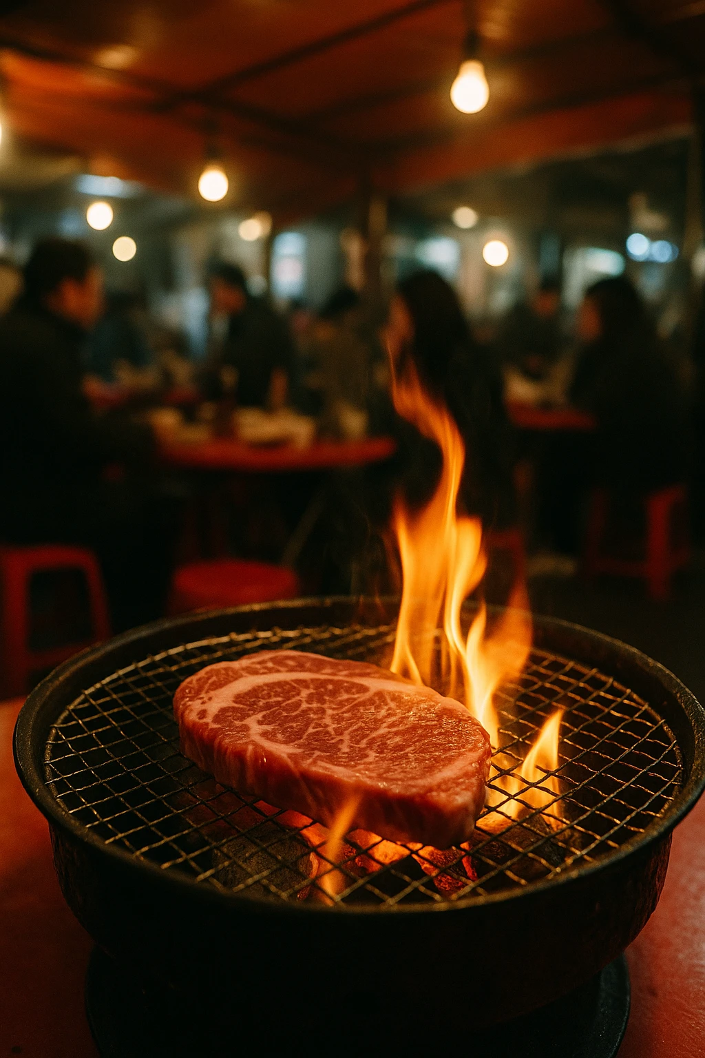 Marbled hanwoo rib‑eye sizzling on a tabletop charcoal grill, flames licking the edges, shot in a bustling Seoul pojangmacha tent — warm tungsten glow, candid street‑photo vibe, 35 mm lens.
