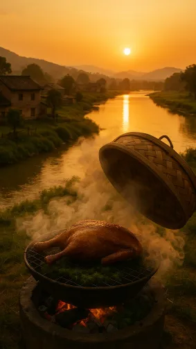 Traditional charcoal‑grilled duck with mugwort smoke rolling beneath bamboo steamer lid in a riverside village — golden sunset, pastoral storytelling, drone wide shot.