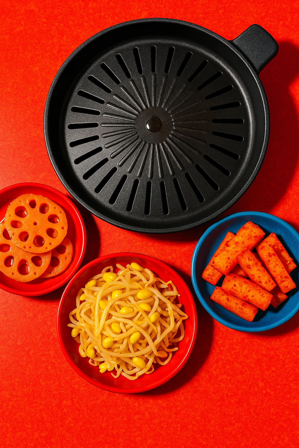 Assorted banchan rainbow (pickled lotus root, kongnamul, gochugaru‑dusted radish) arrayed around a tabletop grill — top‑down product photography, vibrant editorial saturation.