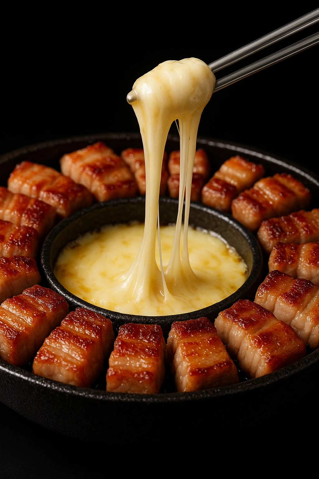 Cheese‑fondue samgyeopsal ring, gooey mozzarella pull stretching from cast‑iron moat to chopsticks — macro 100 mm, glossy food‑magazine sheen, black backdrop.