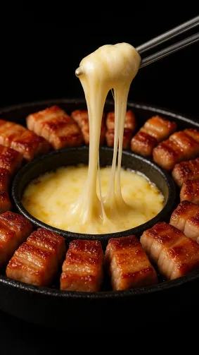 Cheese‑fondue samgyeopsal ring, gooey mozzarella pull stretching from cast‑iron moat to chopsticks — macro 100 mm, glossy food‑magazine sheen, black backdrop.