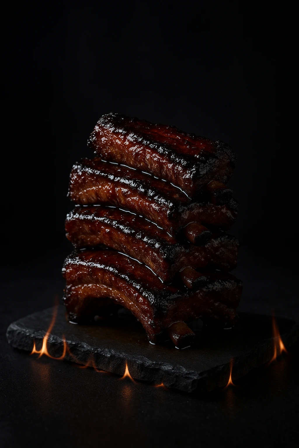 Spare pork ribs glazed in kalbi sauce, stack propped on slate with torched edges crackling — dark studio, rim light accentuating lacquered glaze.