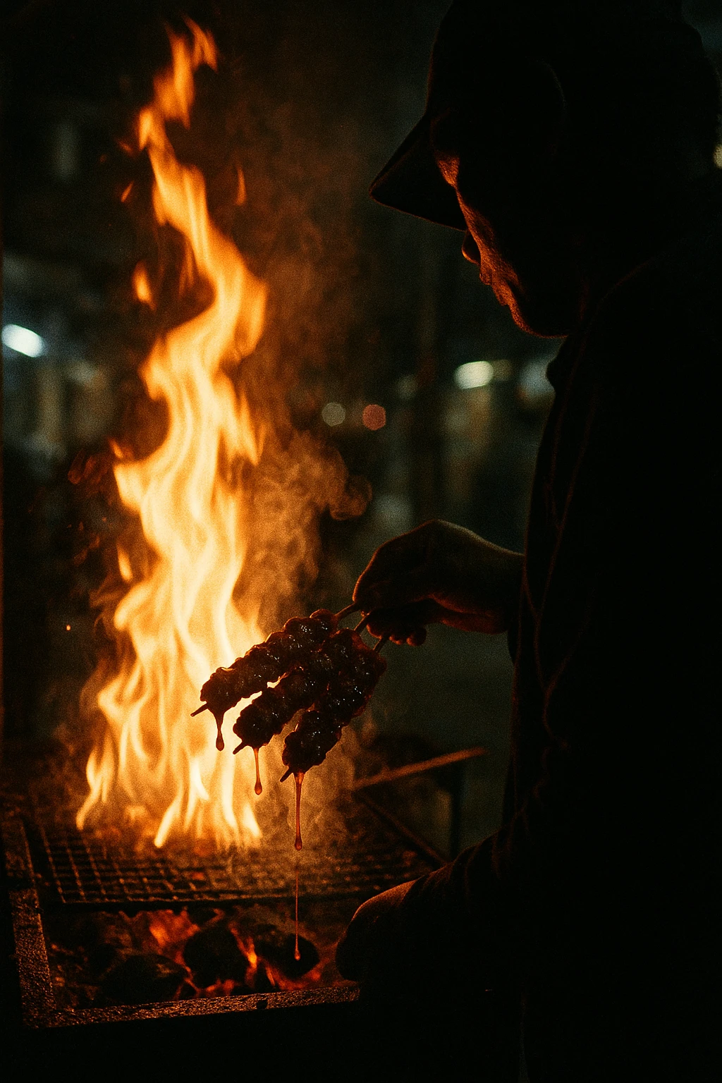 Street‑vendor skewers (dak‑kochi) dripping spicy sauce over charcoal, vendor silhouetted by flare of rising fire — documentary lens, gritty reportage aesthetic.