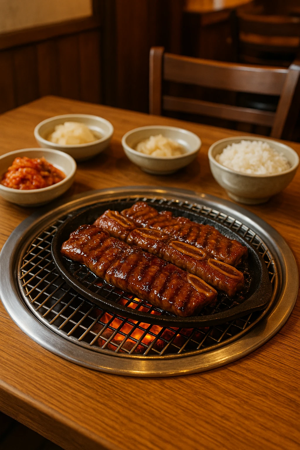 A sizzling platter of marinated galbi (beef short ribs) grilling over a charcoal flame at a traditional Korean BBQ restaurant. The meat is glossy with a sweet soy glaze, surrounded by side dishes like kimchi, pickled radish, and steamed rice in small bowls. The table is built with a built-in grill, and the restaurant interior features wooden accents and soft ambient lighting.