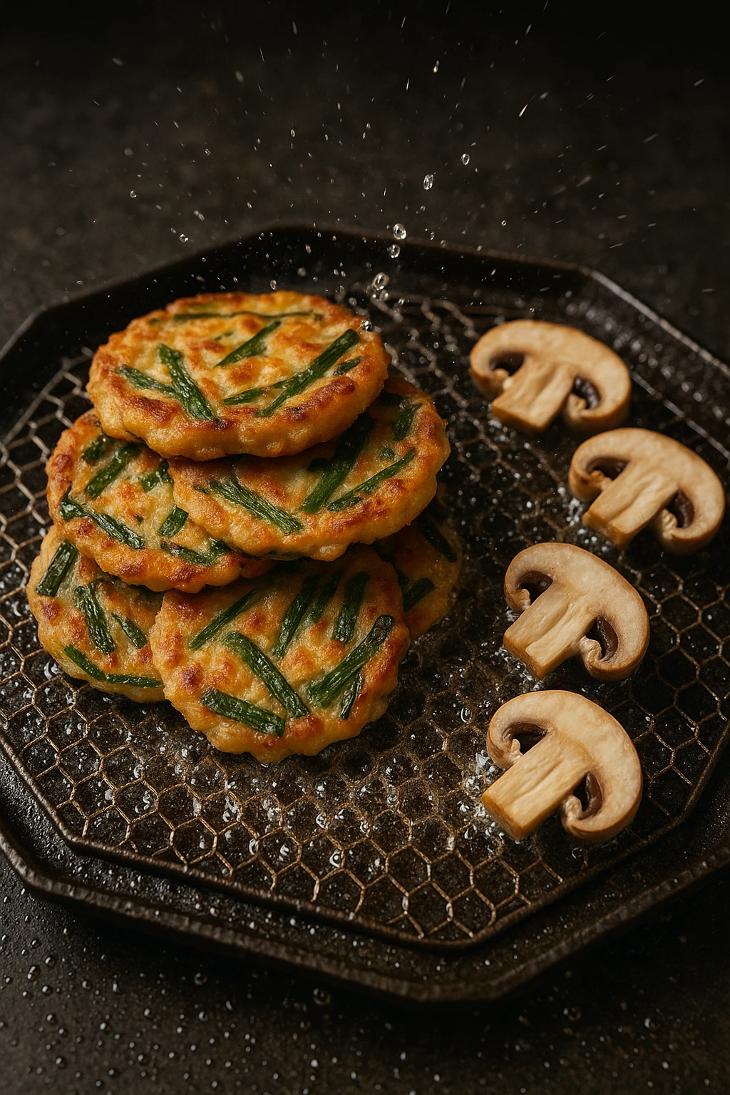 Octagonal mesh grill piled with pajeon scallion pancake crisping beside sliced mushrooms — action shot, sizzling oil droplets caught mid‑pop, high shutter speed.