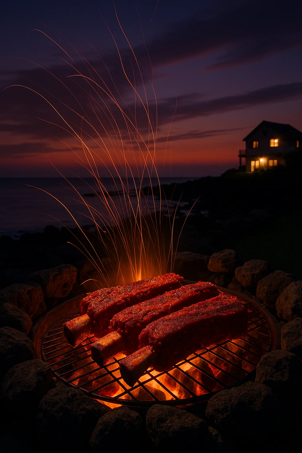 Gochugaru‑rubbed beef ribs grilled at a seaside Jeju pension, volcanic rock grill pit glowing — twilight coastal sky, long‑exposure ember trails, cinematic landscape.