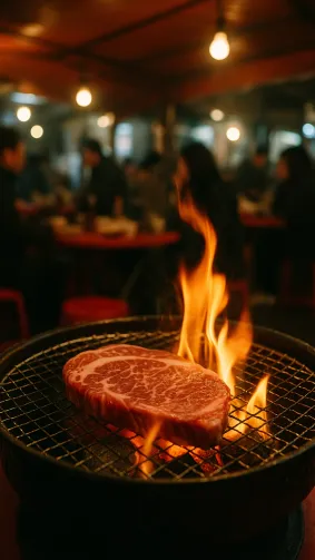 Marbled hanwoo rib‑eye sizzling on a tabletop charcoal grill, flames licking the edges, shot in a bustling Seoul pojangmacha tent — warm tungsten glow, candid street‑photo vibe, 35 mm lens.
