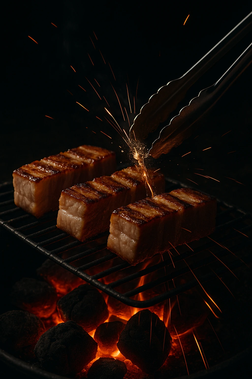 Thick‑cut samgyeopsal (pork belly) rendering fat onto glowing briquettes, tongs mid‑flip, grease spark frozen — high‑speed capture, dramatic ember trails, moody low‑key lighting.