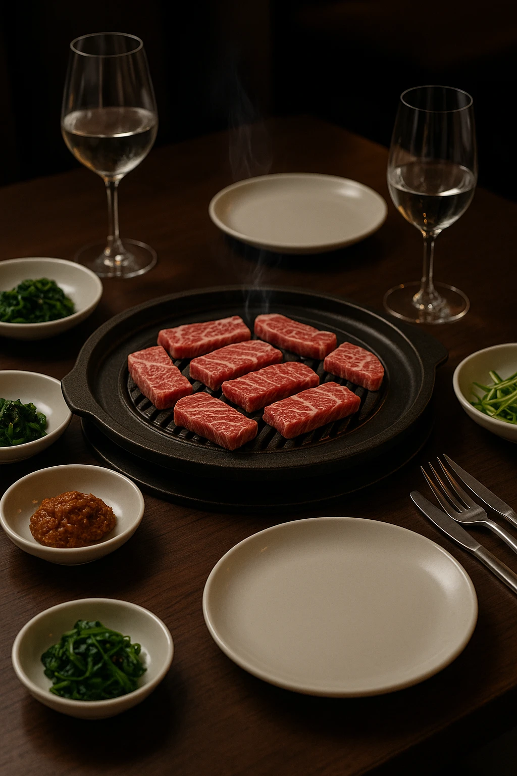 A refined Korean BBQ tasting menu at a chic, upscale restaurant. Delicately sliced hanwoo beef grilling on a sleek cast iron plate, served with elegantly plated side dishes such as seasoned spinach, fermented soybean paste, and fresh scallion salad. The table setting features minimalist white porcelain plates, fine glassware, and soft mood lighting highlighting the luxurious ambiance.