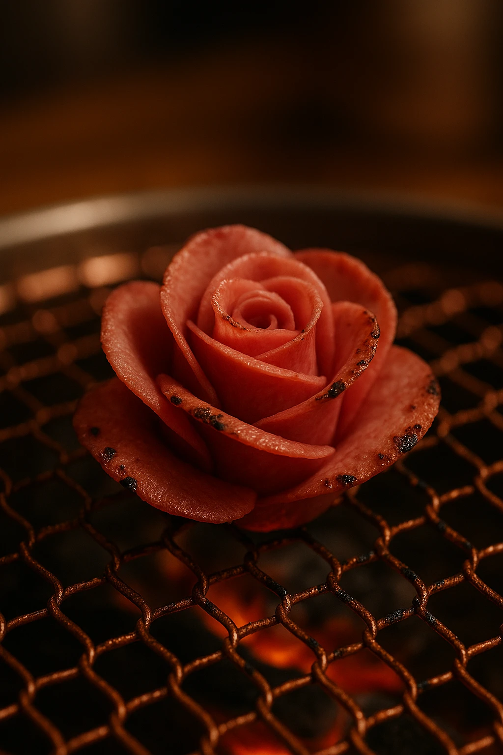 Paper-thin beef tongue ‘rose’ blossoms grilling on copper mesh, petals charring delicately — macro 100 mm, romantic soft spot-lighting in upscale Gangnam lounge.