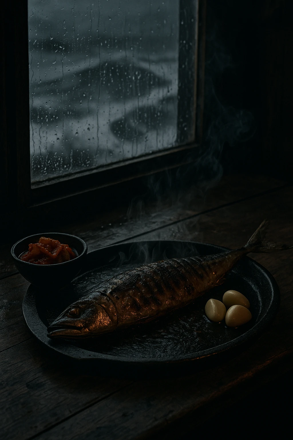 Charcoal-grilled mackerel (godeungeo-gui) sizzling beside kimchi radish and garlic clove, filmed in a seaside Busan hut with stormy waves beyond window — cinematic noir mood, rain-soaked reflections.