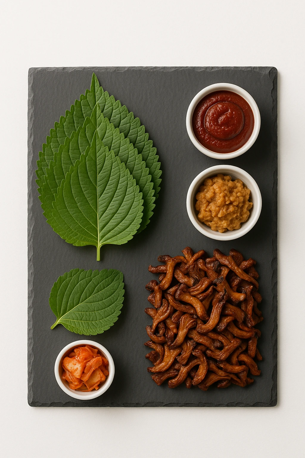 DIY ssam platter featuring oyster mushroom bulgogi, perilla leaves, and house-fermented condiments arranged geometric on slate — top-down minimalist product shot, crisp editorial white space.