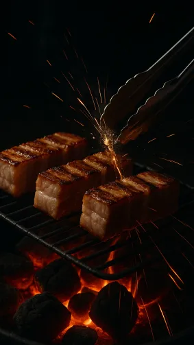 Thick‑cut samgyeopsal (pork belly) rendering fat onto glowing briquettes, tongs mid‑flip, grease spark frozen — high‑speed capture, dramatic ember trails, moody low‑key lighting.