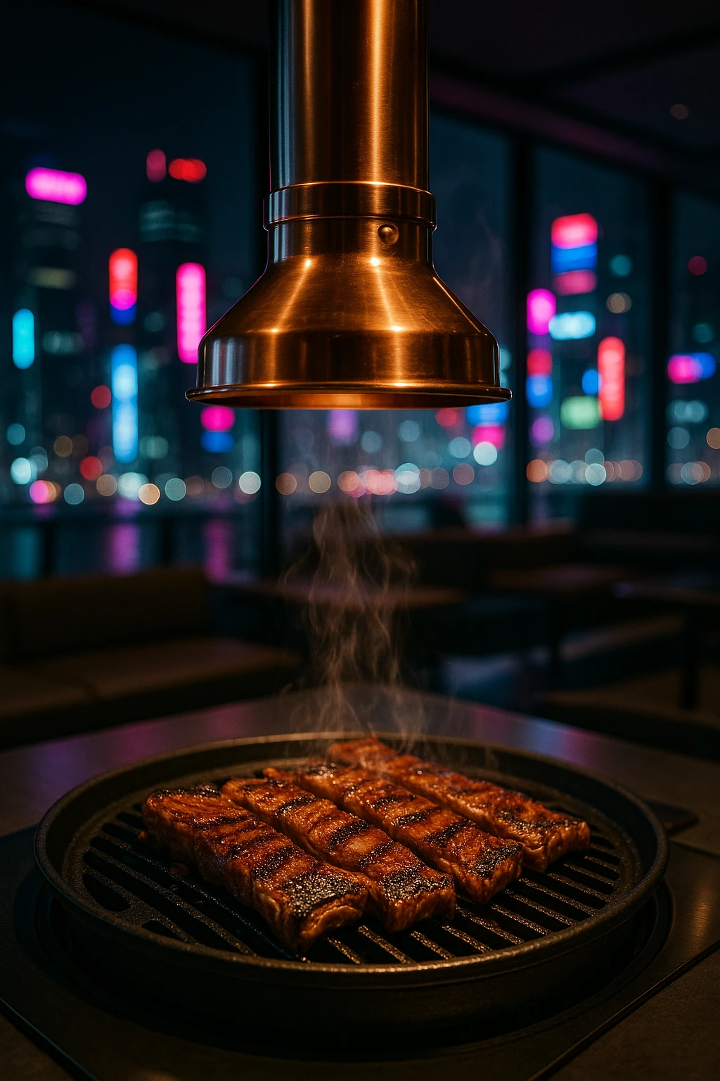 Galbi short ribs caramelizing under a copper exhaust hood in a modern Gangnam rooftop lounge — neon cityscape bokeh through glass, sleek editorial style, shallow depth of field.