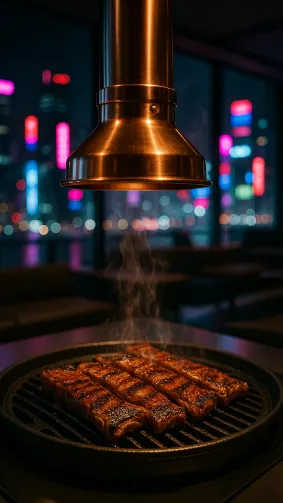 Galbi short ribs caramelizing under a copper exhaust hood in a modern Gangnam rooftop lounge — neon cityscape bokeh through glass, sleek editorial style, shallow depth of field.