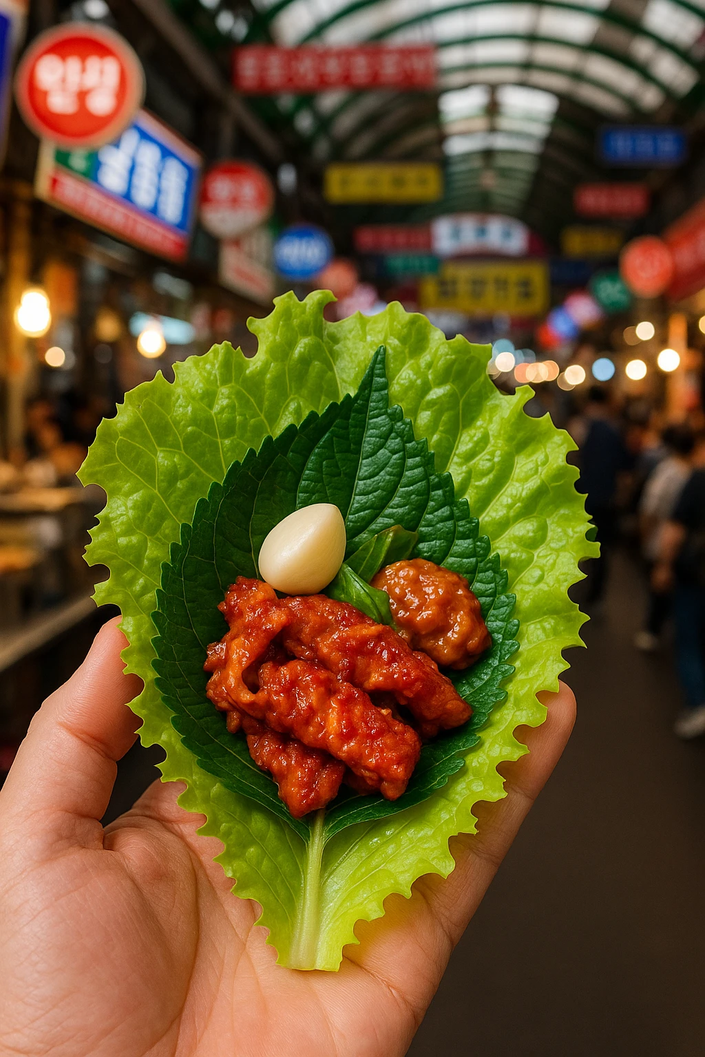 Spicy gochujang pork bulgogi wrapped in crisp lettuce with perilla leaf, garlic, and ssamjang, held hand‑level against a vibrant Gwangjang Market backdrop — handheld flash, street‑food energy.