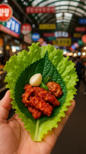 Spicy gochujang pork bulgogi wrapped in crisp lettuce with perilla leaf, garlic, and ssamjang, held hand‑level against a vibrant Gwangjang Market backdrop — handheld flash, street‑food energy.
