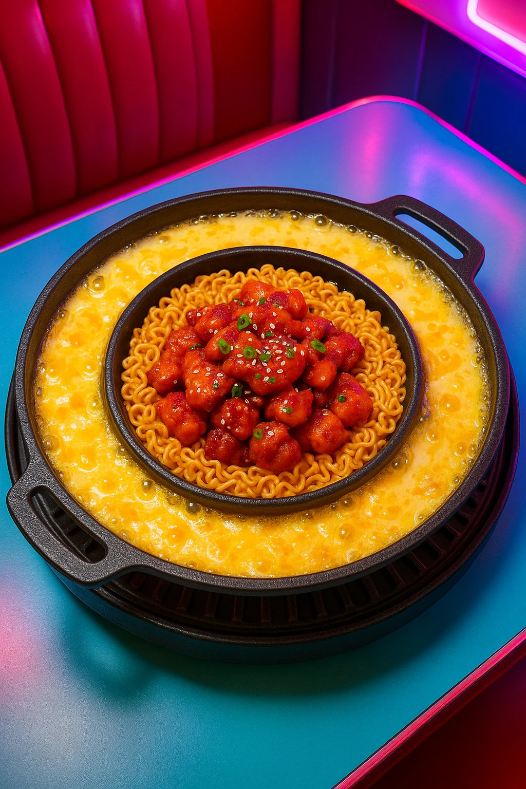 Army‑stew–inspired grill platter with buldak chicken bites, ramyun noodles, and molten cheese moat bubbling in center — overhead softbox, colorful K‑pop diner ambiance.